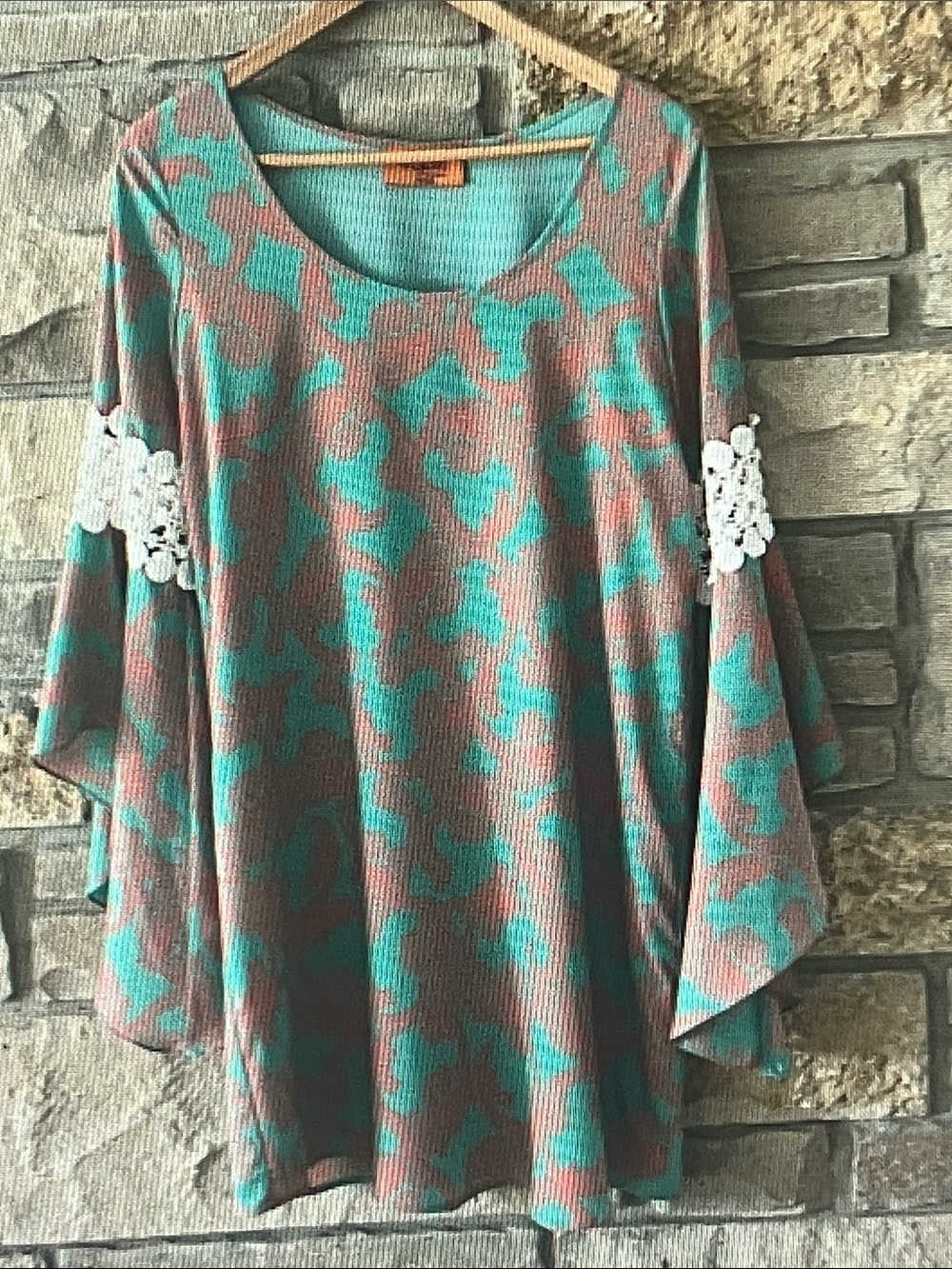 Voom by Joy Han Teal & Brown Scoop Neck Tunic with Crochet Sleeve Detail
